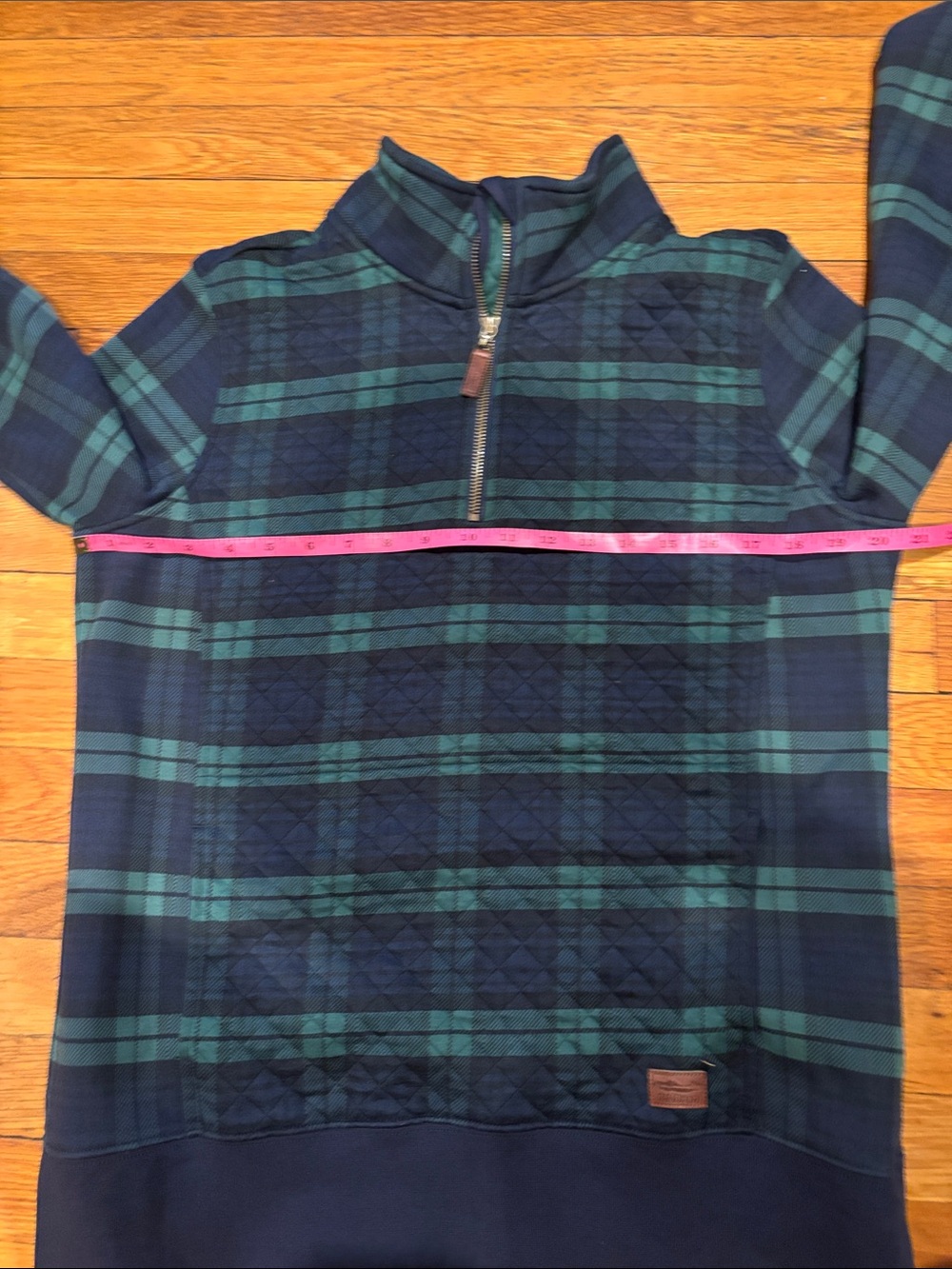 L.L. Bean Navy and Green Quilted Plaid Half-Zip Sweatshirt - Picture 4 of 5